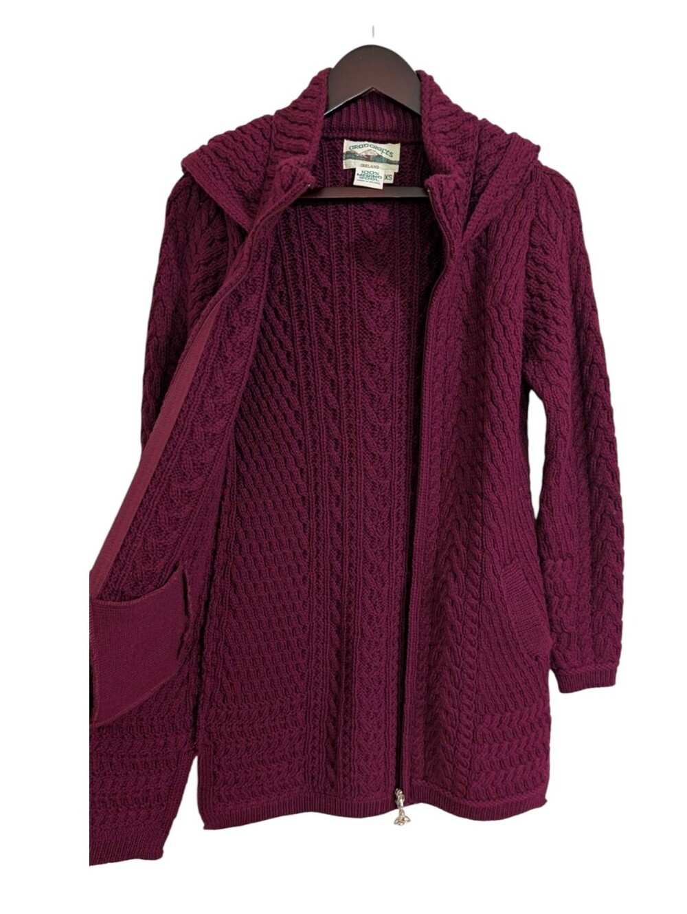 Aran Crafts Ireland 100% Merino Wool Zip Hoodie Sweater - Size XS Burgundy - Picture 5 of 10